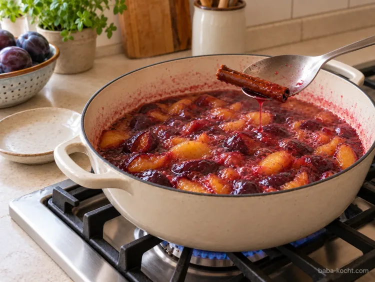 Zimtstange herausnehmen – Pflaumenmarmelade ohne Gelierzucker Eine Zimtstange wird mit einem Löffel aus dem leicht köchelnden Pflaumenmus im Topf gehoben.