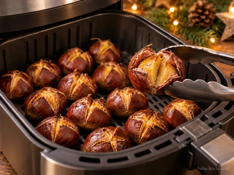 Eine Marone zur Probe öffnen – Maronen im Airfryer Eine geröstete Marone wird zur Garprobe geöffnet