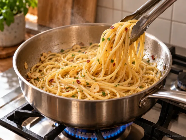 Spaghetti fertig garen und emulgieren – Spaghetti Aglio e Olio Spaghetti werden in der Knoblauch-Olivenöl-Sauce fertig geschwenkt