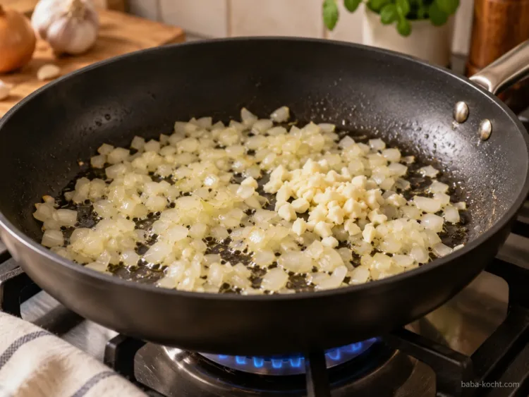 Zwiebeln und Knoblauch anschwitzen – Putenhackfleisch-Pfanne Zwiebeln und Knoblauch anschwitzen – Putenhackfleisch-Pfanne
