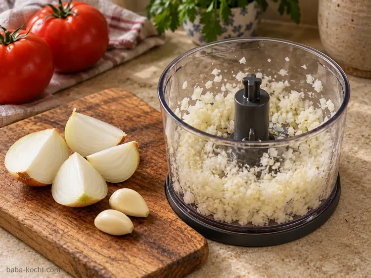 Zwiebel und Knoblauch mixen – Acılı Ezme