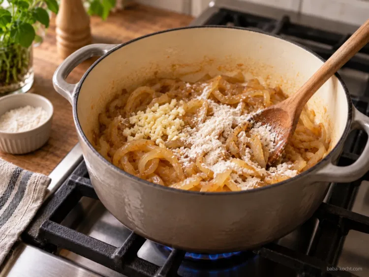 Knoblauch und Mehl zugeben – Zwiebelsuppe