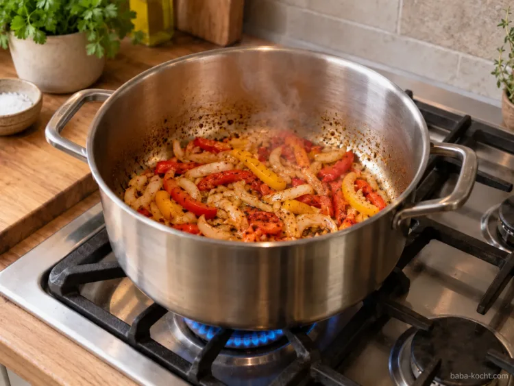 Zwiebeln und Paprika anbraten – Hähnchen-Gyrossuppe Zwiebeln und Paprika anbraten – Hähnchen-Gyrossuppe