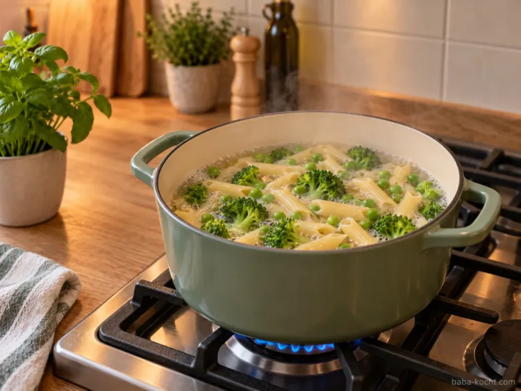 Brokkoli und Erbsen kurz vorgaren – Nudelauflauf mit Gemüse Penne mit Brokkoliröschen und Erbsen kurz gemeinsam im Topf vorgegart
