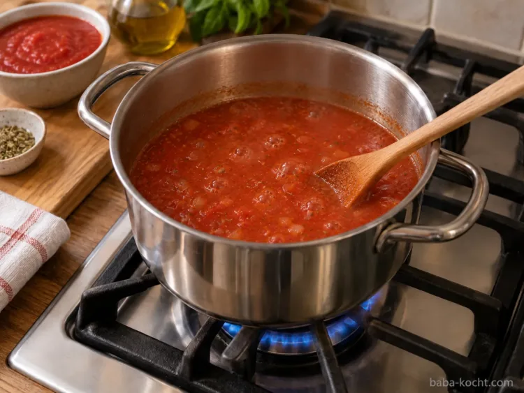 Sanft köcheln lassen – Tomatensuppe mit passierten Tomaten Tomatensuppe mit passierten Tomaten köchelt sanft im Topf bis sie leicht cremig wird