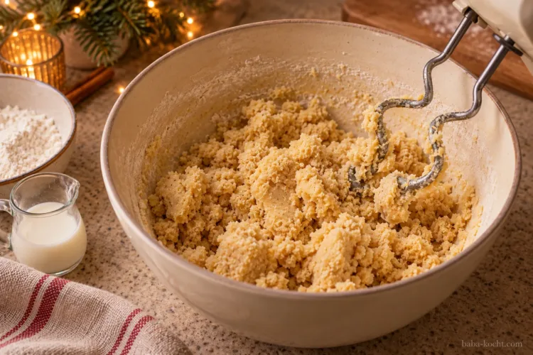Mehl, Speisestärke und Milch werden mit der Butter-Zucker-Masse zu Heidesand-Teig verarbeitet.