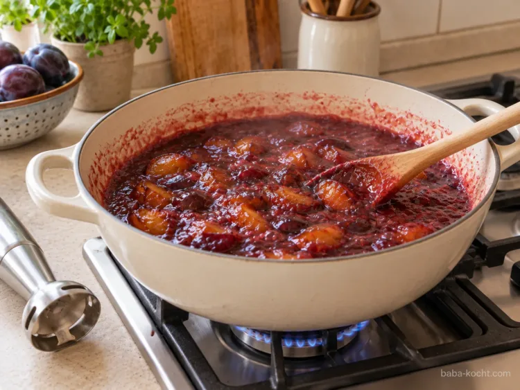 Marmelade fertig einkochen – Pflaumenmarmelade ohne Gelierzucker Dunkelrote, eingekochte Pflaumenmarmelade ohne Zimtstange wird in einem cremefarbenen Topf auf dem Gasherd gerührt.