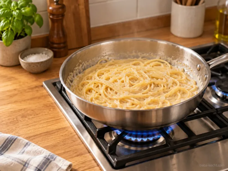 Spaghetti werden in der cremigen Sauce mit Pastawasser geschwenkt