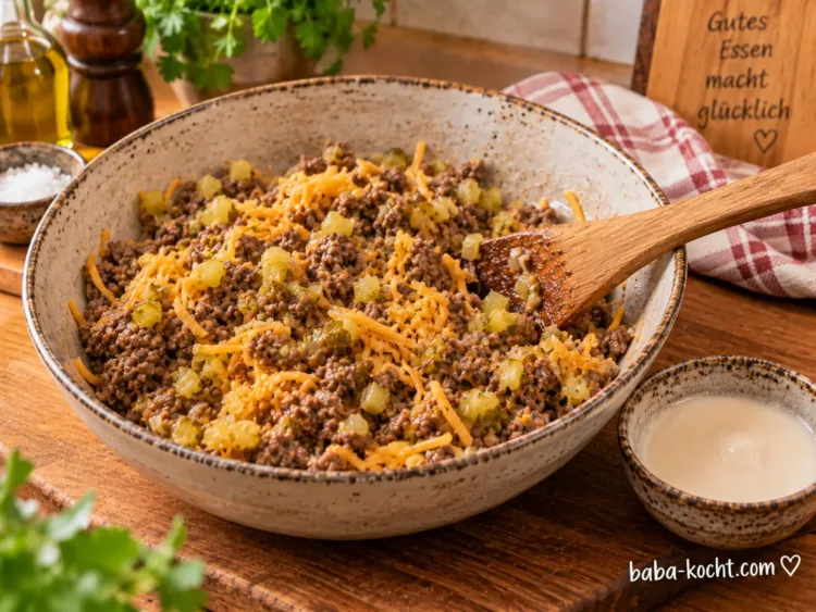 Füllung fertigstellen – Cheeseburger Frühlingsrollen mit Rinderhackfleisch, Cheddar und Gewürzgurken Füllung fertigstellen – Cheeseburger Frühlingsrollen mit Rinderhackfleisch, Cheddar und Gewürzgurken