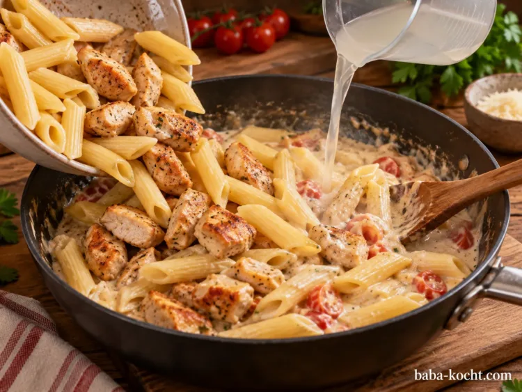Penne und Hähnchen vermengen – Cremige Knoblauch-Parmesan-Hähnchen-Pasta Penne und Hähnchen vermengen – Cremige Knoblauch-Parmesan-Hähnchen-Pasta