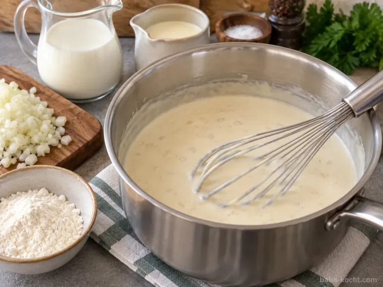 Cremige Béchamelsauce für den Blumenkohl-Auflauf wird im Topf gekocht
