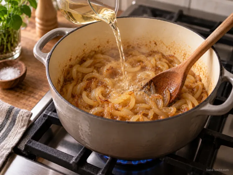 Mit Weißwein ablöschen – Zwiebelsuppe