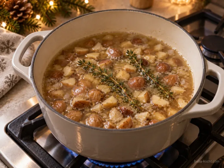 Brühe und Thymian hinzufügen – Maronensuppe Brühe und Thymian hinzufügen – Maronensuppe