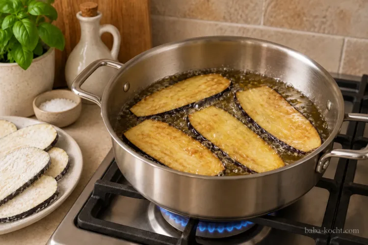 Auberginenscheiben für Parmigiana di Melanzane frittieren