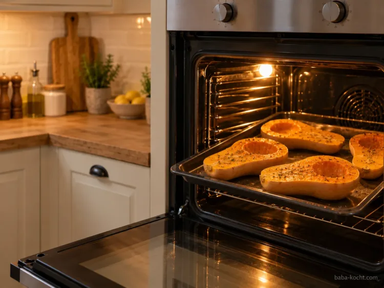 Butternut vorgaren – Gefüllter Butternut Kürbis mit Hackfleisch und Feta Vorgegarte Butternuthälften nach 40 Minuten im Ofen