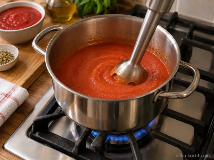 Fein pürieren – Tomatensuppe mit passierten Tomaten Die gekochte Tomatensuppe wird mit dem Stabmixer fein und cremig püriert