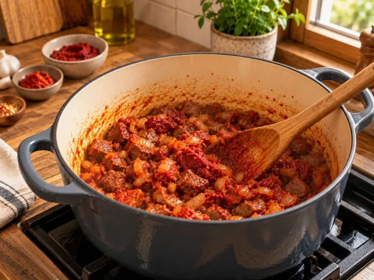 Tomaten- und Paprikamark anrösten – Kuru Fasulye mit Rindergulasch Tomaten- und Paprikamark anrösten – Kuru Fasulye mit Rindergulasch