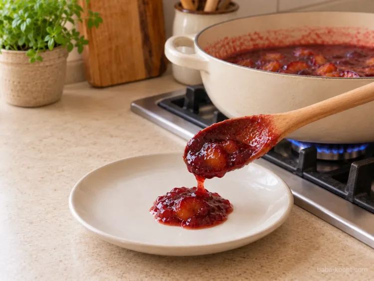 Gelierprobe machen – Pflaumenmarmelade ohne Gelierzucker Ein kleiner Klecks dickflüssiger Pflaumenmarmelade auf einem hellen Keramikteller zur Gelierprobe, im Hintergrund der cremefarbene Kochtopf.