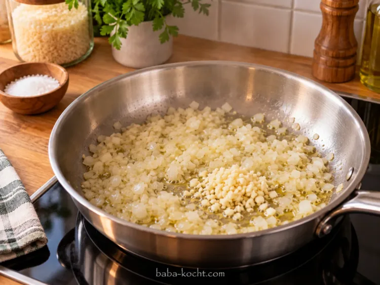Zwiebeln und Knoblauch anschwitzen – Gefüllte Paprika mit Rinderhack Zwiebeln und Knoblauch anschwitzen – Gefüllte Paprika mit Rinderhack