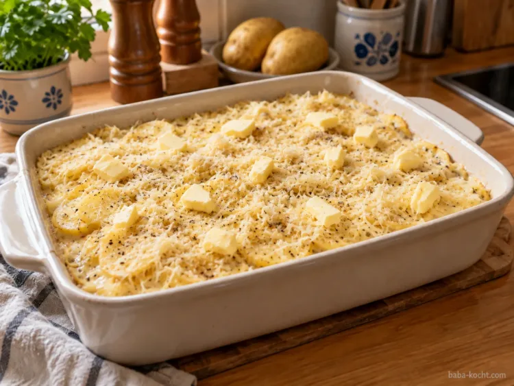 Käse und Butter daraufgeben – Kartoffelgratin