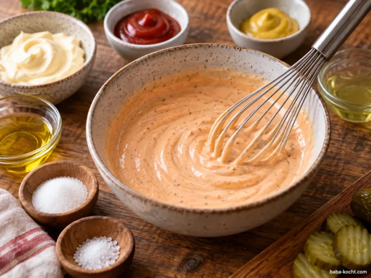 Sauce anrühren – Burger Pommes Auflauf Cremige Burgersauce aus Mayonnaise, Ketchup, Senf und Gurkenwasser