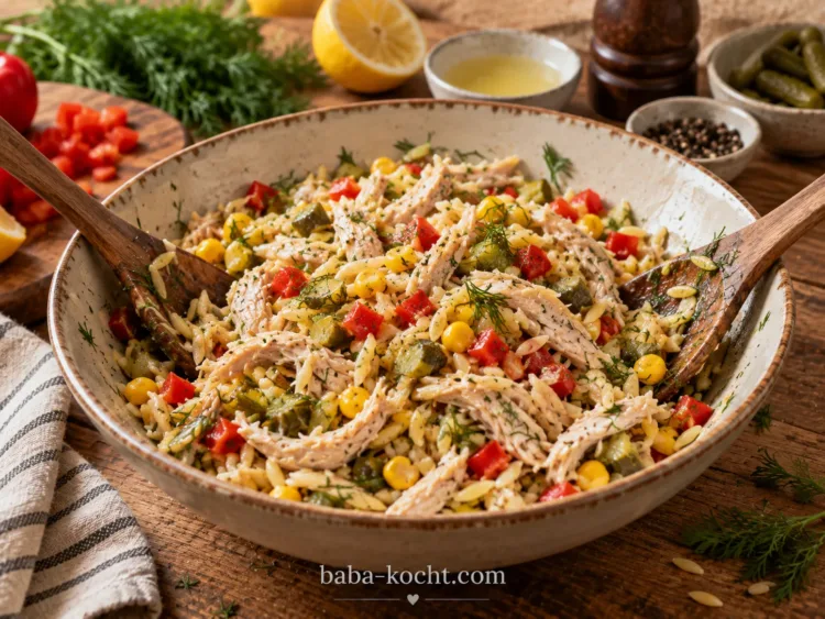 Salat vermengen – Hähnchen-Kritharaki-Salat