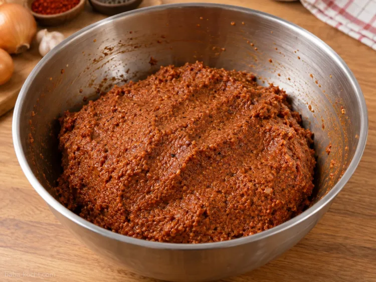 Weiterkneten bis der Bulgur weich ist – Çiğ Köfte