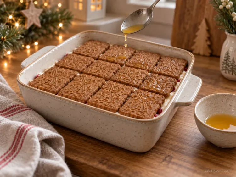 Zweite Spekulatiusschicht einlegen – Spekulatius Tiramisu mit Himbeeren Zweite Spekulatiusschicht einlegen – Spekulatius Tiramisu mit Himbeeren