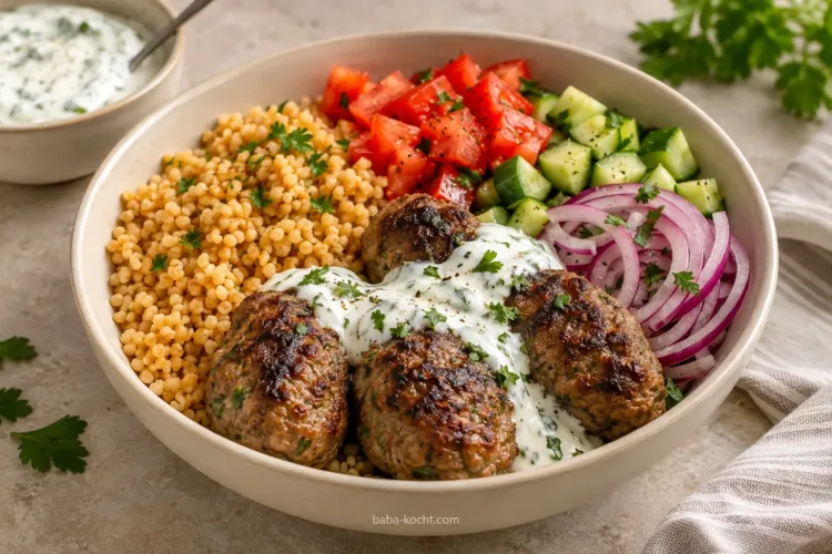 Bowl anrichten – Türkische Köfte-Bowl mit Bulgur und Joghurtsauce