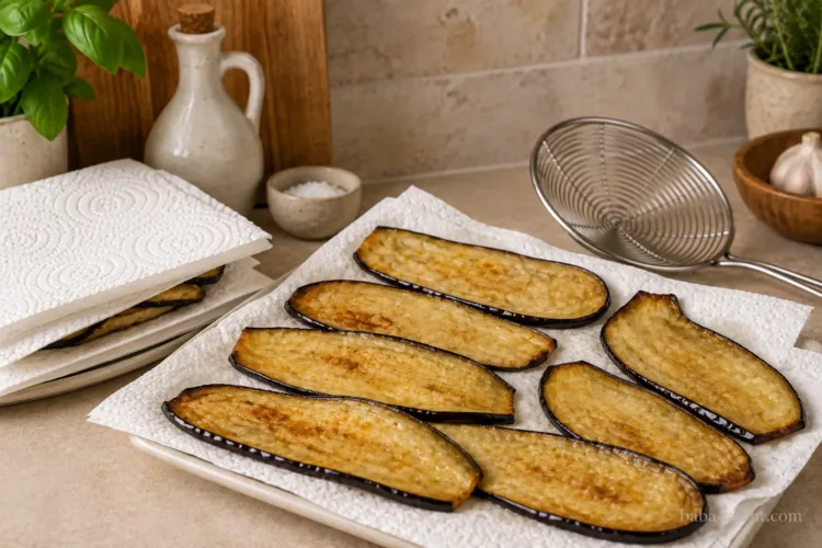 Frittierte Auberginen auf Küchenpapier abtropfen lassen