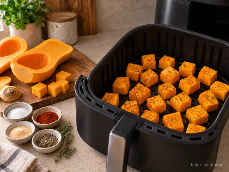 Butternutwürfel während der ersten Garphase im Airfryer