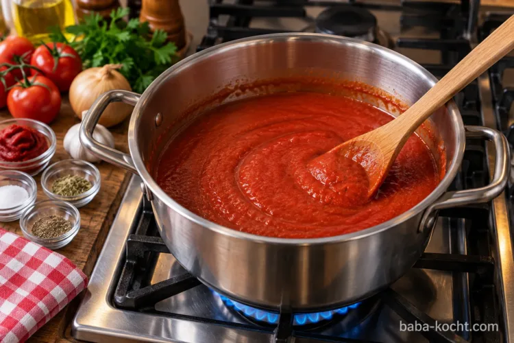 DDR-Tomatensoße mit Ketchup, Salz und Pfeffer köchelt sämig in einem Edelstahltopf auf dem Gasherd