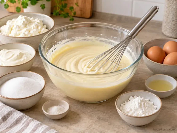 Cremige Quark-Schmand-Masse für Käsekuchen mit Mandarinen in einer Schüssel