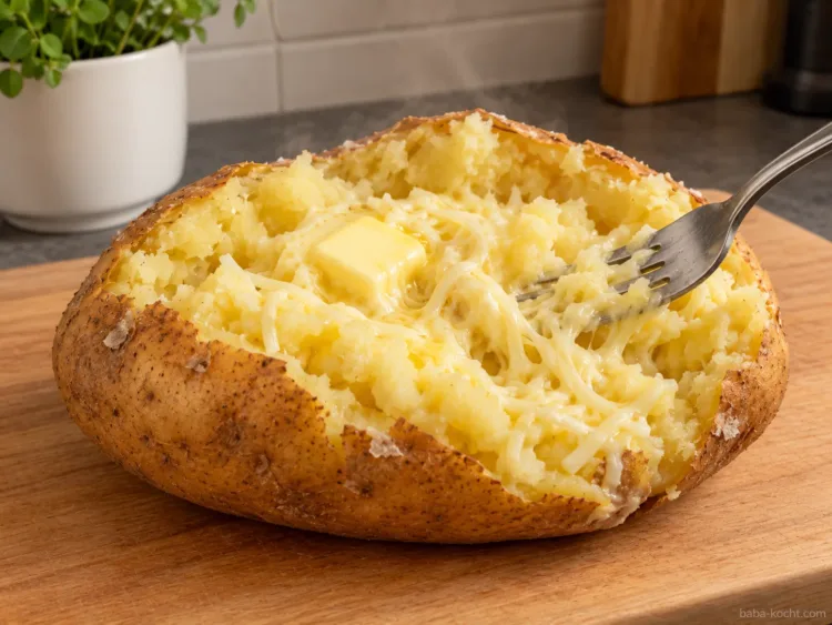 Heißes Inneres mit Butter und Käse cremig rühren – Kumpir Geöffnete heiße Ofenkartoffel, deren Inneres mit Butter und geriebenem schmelzendem Kaşar mithilfe einer Gabel vermischt wird