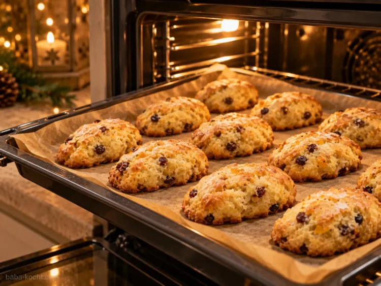 Hellgold gebackene Stollenkonfekt-Stücke auf einem mit Backpapier belegten Blech im geöffneten Backofen.