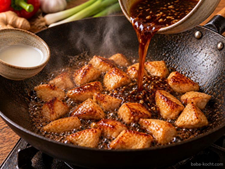 Sauce und Stärke einarbeiten – Chicken Teriyaki mit Reis Sauce und Stärke einarbeiten – Chicken Teriyaki mit Reis