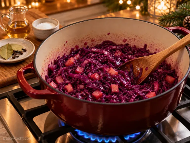 Fertig geschmorter Rotkohl mit Apfel wird im Topf abschließend abgeschmeckt