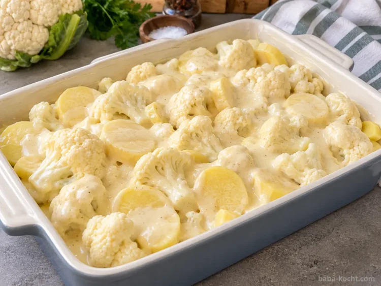 Kartoffeln und Blumenkohl werden mit cremiger Sauce in der Auflaufform verteilt