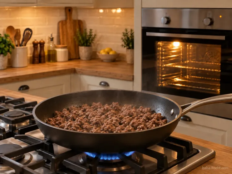 Rinderhack kräftig anbraten – Gefüllter Butternut Kürbis mit Hackfleisch und Feta Rinderhackfleisch krümelig und kräftig in der Pfanne angebraten