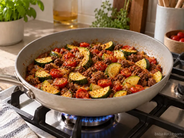 Fertige Zucchini-Hackfleisch-Pfanne mit gebräunter Zucchini, Rinderhack, Tomaten und Zwiebeln