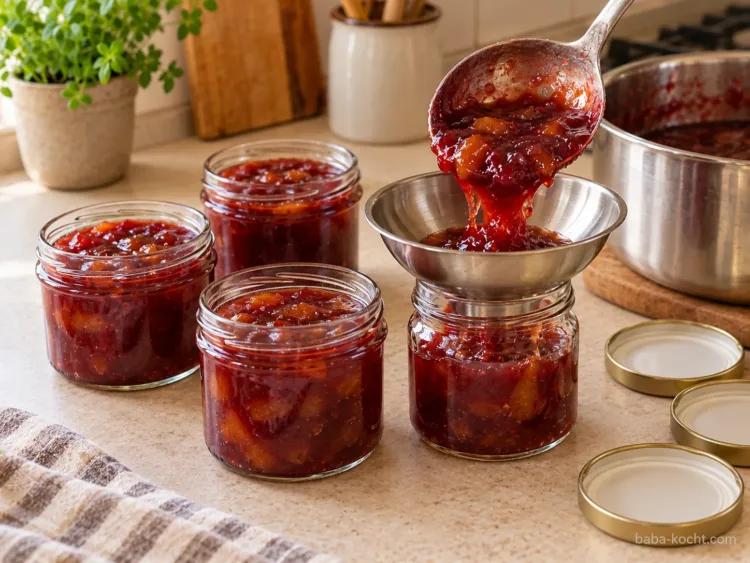Heiß in Gläser füllen – Pflaumenmarmelade ohne Gelierzucker Dunkelrote Pflaumenmarmelade wird durch einen Marmeladentrichter in saubere Gläser gefüllt.