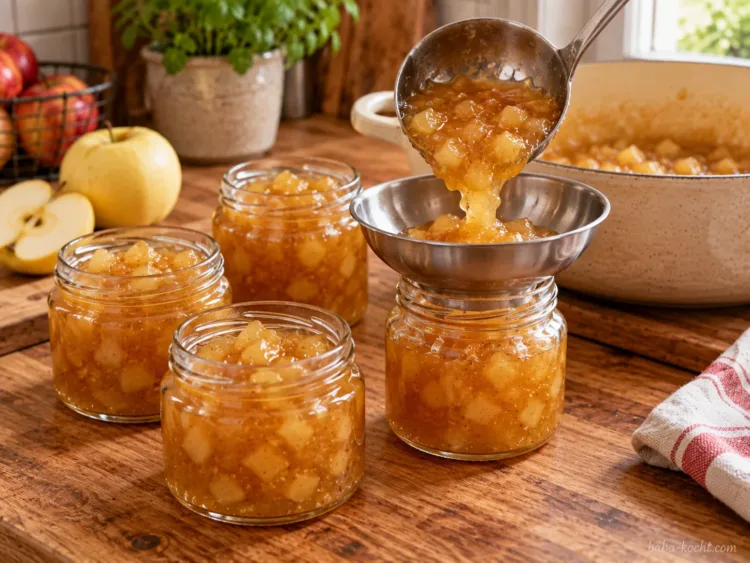 Heiße, stückige Apfelmarmelade wird mit einer Kelle und einem Trichter in saubere Gläser gefüllt.