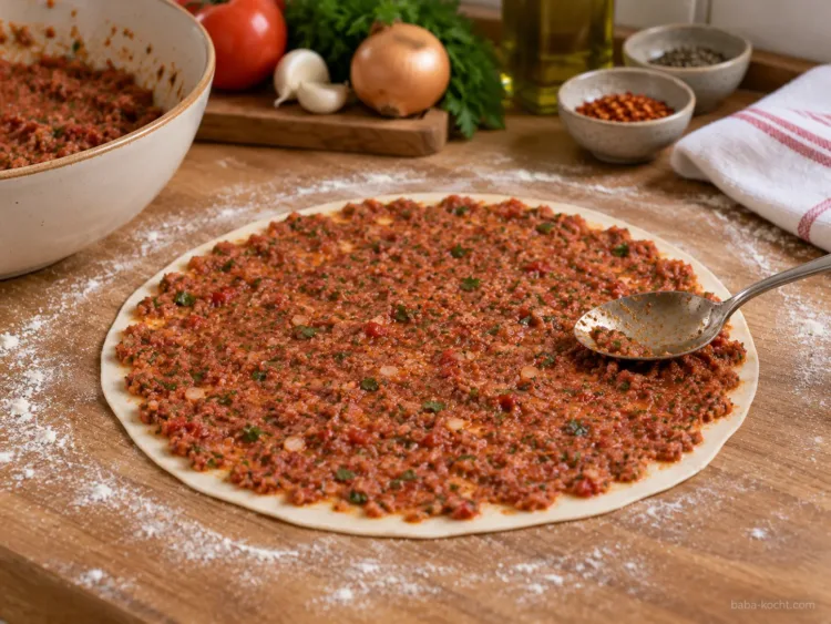 Belag dünn verteilen – Selbstgemachter Lahmacun