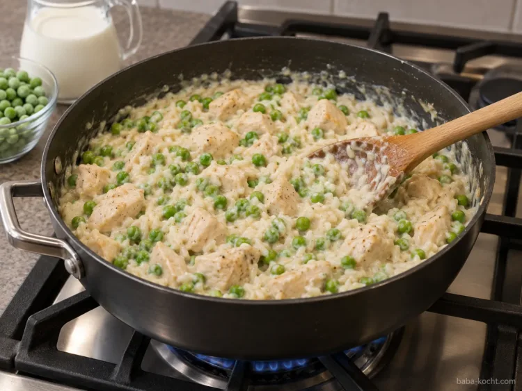 Erbsen und Sahne einrühren – Hähnchen-Reis-Pfanne Erbsen und Sahne einrühren – Hähnchen-Reis-Pfanne