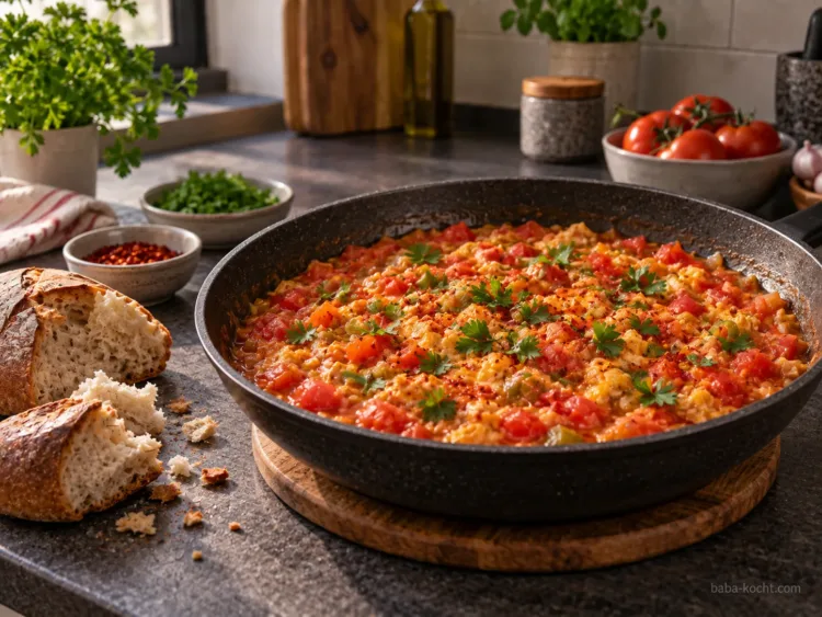 Abschmecken und servieren – Menemen mit Zwiebel Abschmecken und servieren – Menemen mit Zwiebel