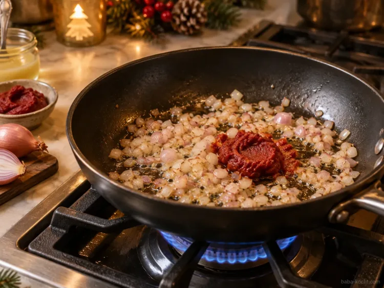 Schalotte und Tomatenmark anschwitzen – Entenbrust im Backofen Schalotte und Tomatenmark anschwitzen – Entenbrust im Backofen