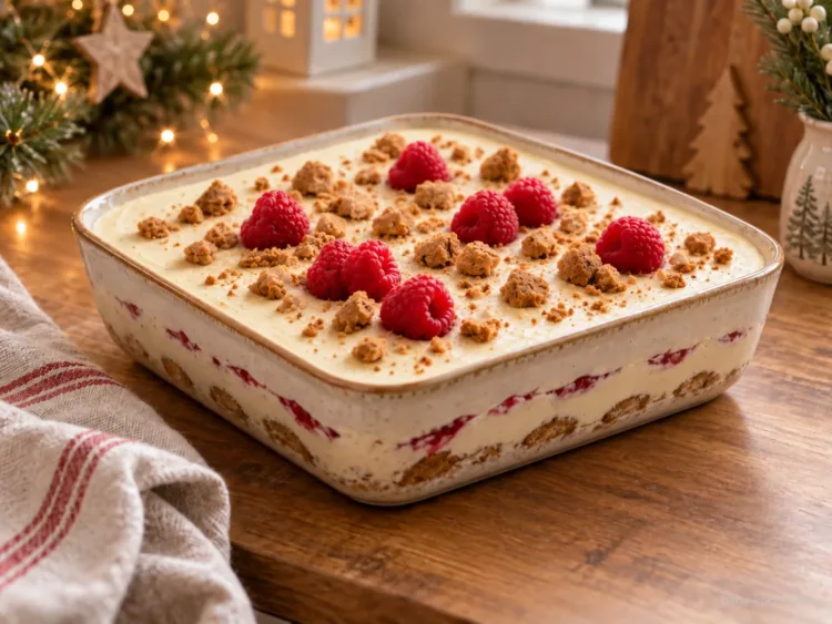 Durchziehen lassen und servieren – Spekulatius Tiramisu mit Himbeeren Durchziehen lassen und servieren – Spekulatius Tiramisu mit Himbeeren