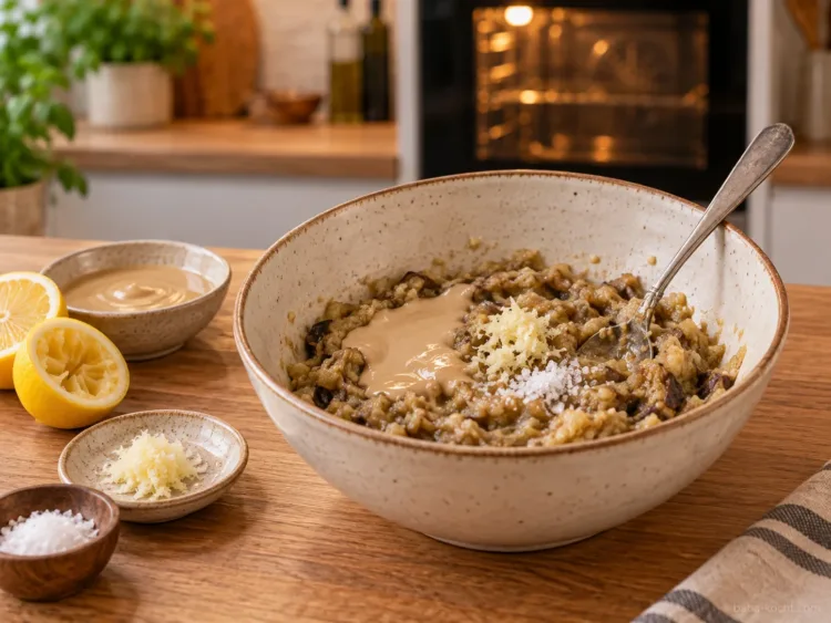 Tahin, Zitrone und Knoblauch einarbeiten – Baba Ganoush