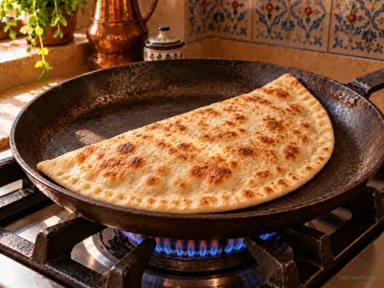 Halbmondförmiges Gözleme wird in einer schweren Pfanne auf dem Gasherd goldbraun gebraten.