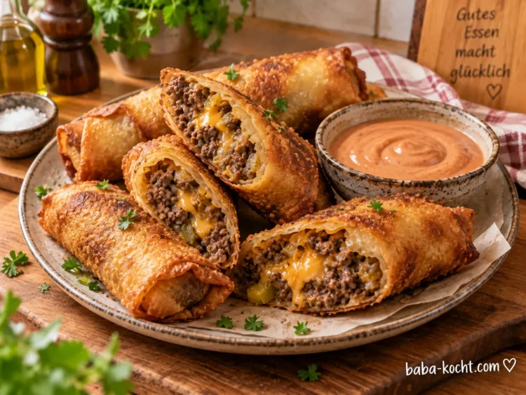 Dip anrühren und servieren – Cheeseburger Frühlingsrollen mit Rinderhackfleisch, Cheddar und Gewürzgurken Dip anrühren und servieren – Cheeseburger Frühlingsrollen mit Rinderhackfleisch, Cheddar und Gewürzgurken